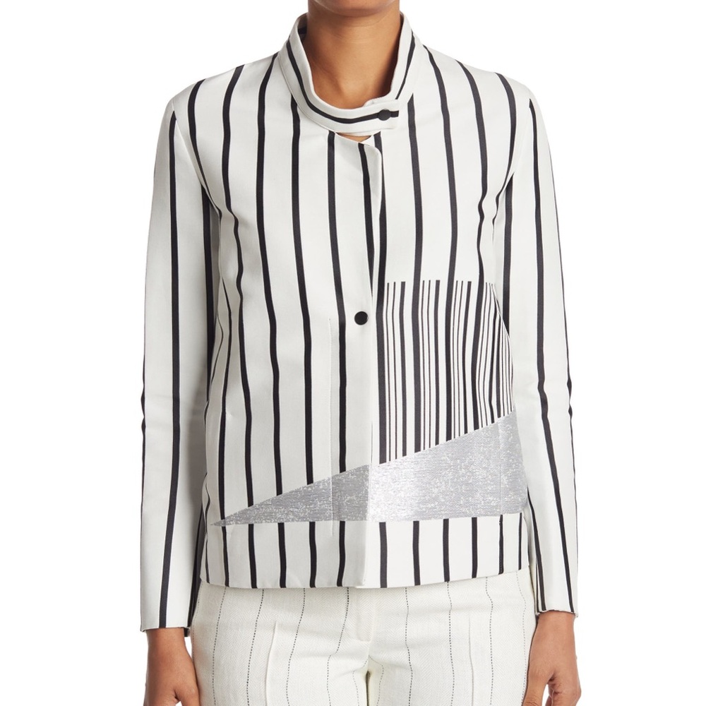 Akris Neal Striped Print Zip Jacket Cotton Black White Silver Barcode 6